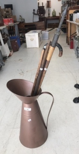 Large Tin Jug with 2 Timber Hangers & Walking Stick