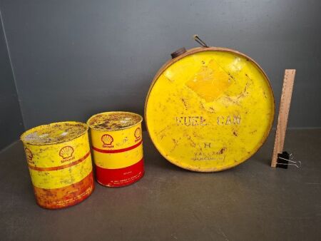 2 x Shell Grease Tins & Vintage Round Fuel Can
