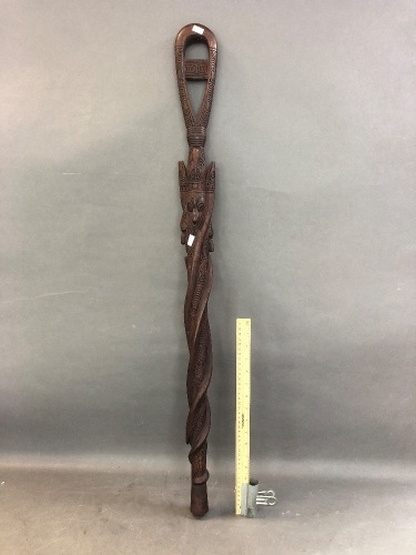 Hand Carved Hardwood Walking Stick With Masks & Snakes