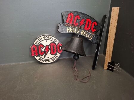 ACDC Hells Bells Cast Iron Door Bell and High Voltage ACDC Plaque