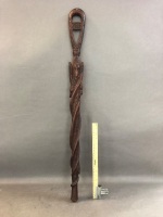 Hand Carved Hardwood Walking Stick With Masks & Snakes - 3