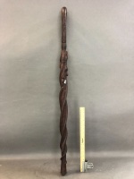 Hand Carved Hardwood Walking Stick With Masks & Snakes - 4