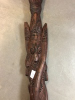 Hand Carved Hardwood Walking Stick With Masks & Snakes - 5