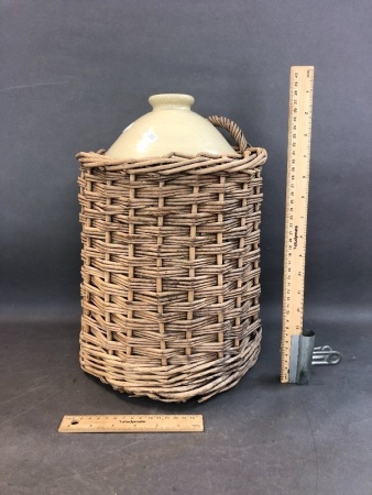 Vintage Salt Glazed Stoneware Demi-John in Original Wicker Basket