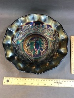 Australian Carnival Glass Kingfisher Master Bowl, Black Amethyst with Gum Leaf Border. RD 4184