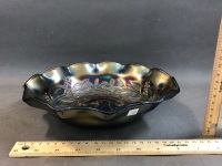 Australian Carnival Glass Kingfisher Master Bowl, Black Amethyst with Gum Leaf Border. RD 4184 - 2