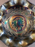 Australian Carnival Glass Kingfisher Master Bowl, Black Amethyst with Gum Leaf Border. RD 4184 - 3