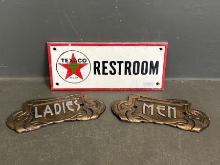 Texaco Restroom Cast Iron Sign plus Ladies & Men Cast Iron Signs