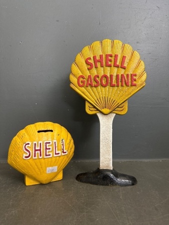 Shell Gasoline Cast Iron Money Box & Bench Sign