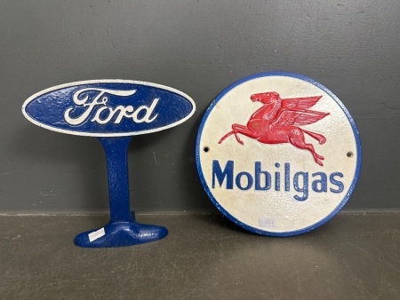 Ford Cast Iron Bench Sign & Mobilgas Pegasus Wall Hanger