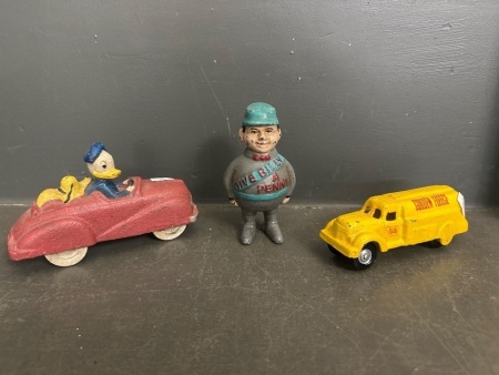 Give Billy a Penny Cast Iron Figurine & Cast Iron Donald Duck with Golden Fleece Cast Iron Truck
