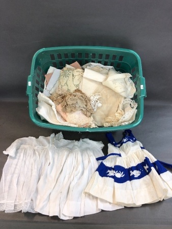 Basket Lot of Vintage Linen & Doilies inc. Baby Clothes