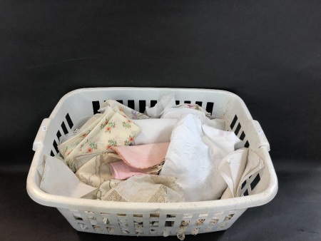 Basket Lot of Vintage Linen & Doileys inc. Tablecloths Etc