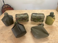 4 Water Canteens Plastic & 2 Carry Containers