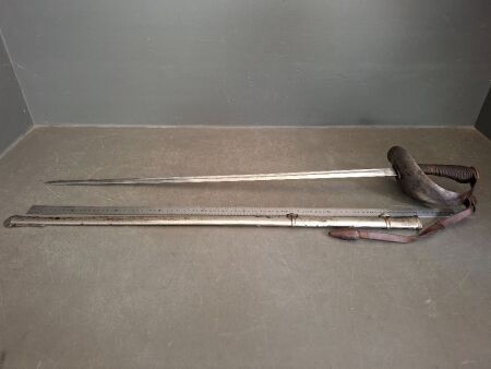 British WW1 or Earlier Cavalry Sword with Brass End, Marked and Metal Sheath