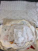 Assorted Lot of Linen & Doilies inc. Hand Made Lace Tablecloth