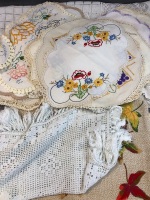 Assorted Lot of Linen & Doilies inc. Hand Made Lace Tablecloth - 2