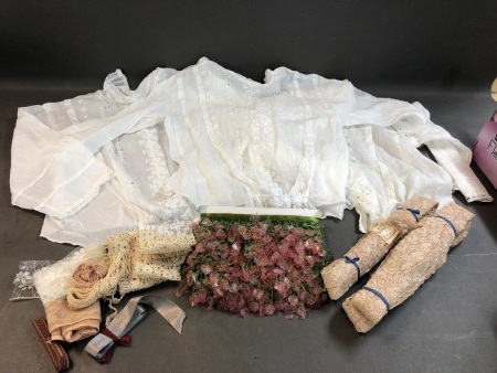 Box Lot of Vintage European Lace Trimmings, Labels, + 3 Corset Covers