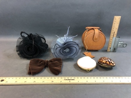 2 Vintage Shell Purses, Mini Leather Hat Box Purse + Fascinators