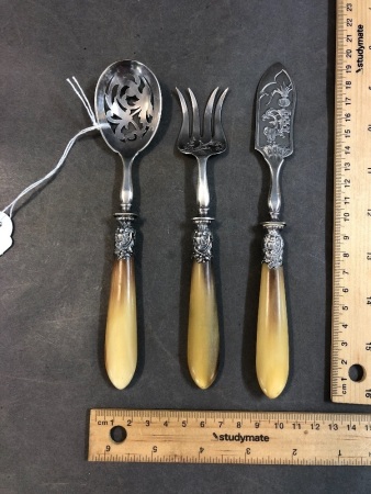 Antique French Petis Fours Set c1920's with Bone Handles & Silver Mounts