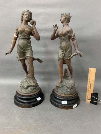 Pair of Antique French Spelter Figures on Timber Bases - Sensitive & L'Echo des Mers (1 As Is)