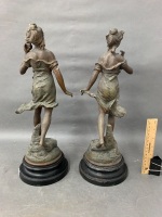 Pair of Antique French Spelter Figures on Timber Bases - Sensitive & L'Echo des Mers (1 As Is) - 2