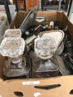 Box Lot of Silver Plate & 3 Decanters