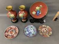 3 Piece Cloisonne Set inc. 2 Vases on Stands & Plate on Stand + 3 Ceramic Japanese Side Plates - 2
