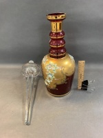 Beautiful Antique Bohemian Cranberry Glass Bottle, Hand Painted with Gilt & Raised Flowers + The Biggest Stopper - 4