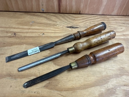 Lot of 3 Chisels - Incs Greenlee USA, Stormont England Gouge, Woodcock England Gouge