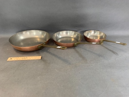 Set of 3 Brass Handled Copper Frypans