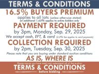 TERMS AND CONDITIONS: 16.5% BUYERS PREMIUM APPLIES TO ALL AUCTION LOTS UNLESS ADVISED (An additional 1.65% fee applies to online bidders) | PAYMENT REQUIRED by 3pm, Monday September 29, 2025 - We accept cash, EFT, card (2.2% fee applies to card payments) 