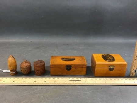2 Vintage Mauclineware Boxes + 3 Treen Perfume Stick Holders