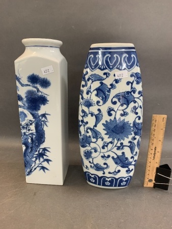 2 Blue and White Decorated Asian Vases