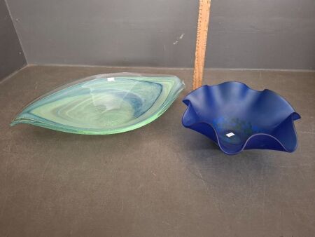 Krosno Blue Glass Bowl Made in Poland & Aqua Art Glass Bowl