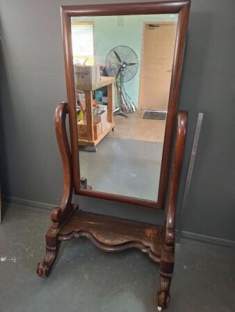 Large Mahogany Cheval Mirror on Stand with Casters