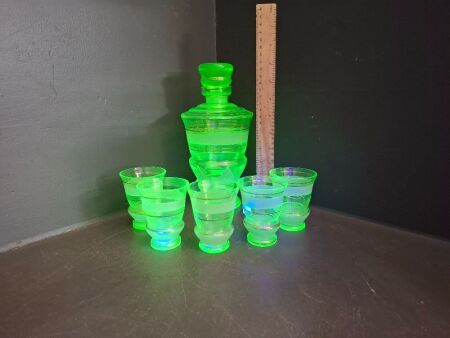 Vintage Art Deco Uranium Decanter Set - Incs 5 Uranium Glass Cups