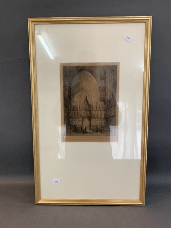 Vintage Framed Hand Coloured Drawing Inside Chester Cathedral
