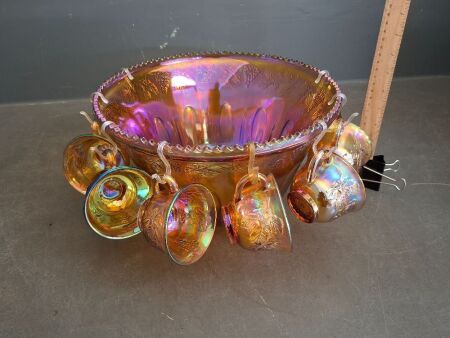 Marigold Carnival Glass Punch Bowl w. 8 Glasses