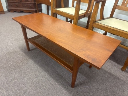 Mid-Century Parker Style Solid Timber Coffee Table with Rattan Magazine Shelf - app 1200 x 450 x 470