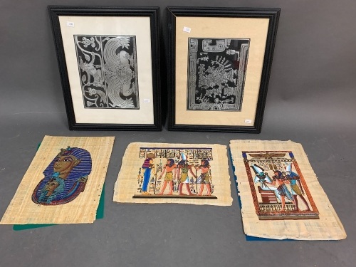 Pair Of Framed Mexican Pictures Made from Pressed Drinks Cans + Egyptian Papyrus Prints