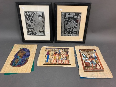 Pair Of Framed Mexican Pictures Made from Pressed Drinks Cans + Egyptian Papyrus Prints