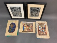 Pair Of Framed Mexican Pictures Made from Pressed Drinks Cans + Egyptian Papyrus Prints - 2