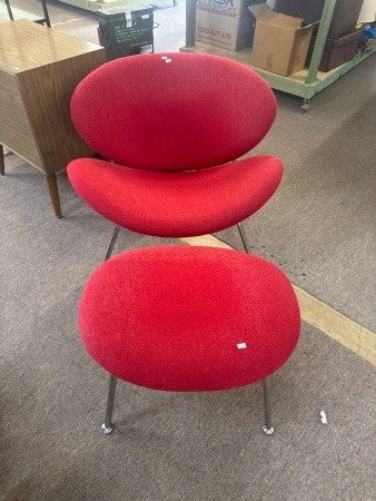 Pierre Paulin Style Red Orange Slice Chair and Foot Stool