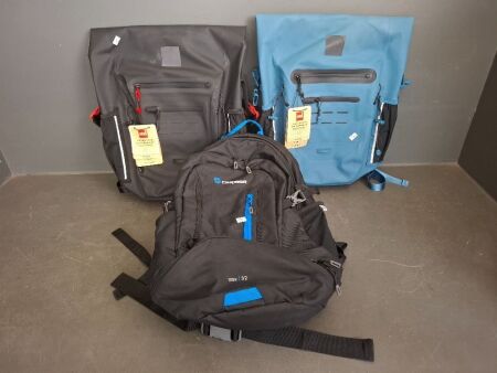 2 x RED Adventure Waterproof Back packs & 1 x Caribee Back Pack