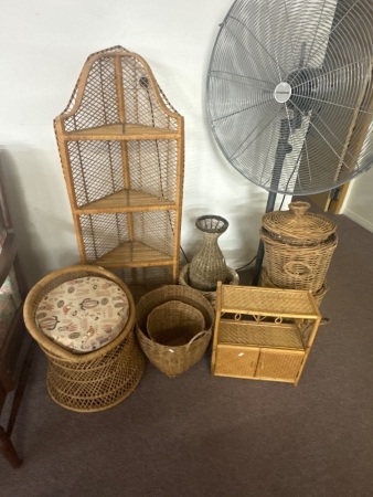 Large Lot of Cane Baskets, Stands & Seat