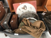 Asstd Box Lot of Vintage Items inc. Sieve, Potato Sacks, Loaf Tins etc.