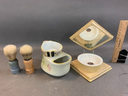 Pearlex Traveling Shaving Bowl & Mirror, 2 Brushes, Ceramic Shaving Mug