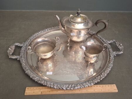 Cross Bros Ltd Cardiff 4085 Hard Solder Tea Pot, Sugar & Milk Jug with Silverware Tray