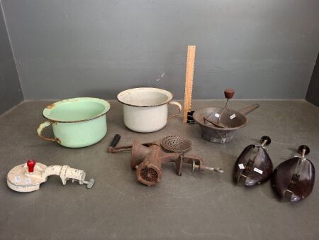 Mixed Vintage Lot - Incs Pair of Enamel Ware Chamber Pots, Cast Iron Grinders & Bakelite Shoe Trees Made in England
